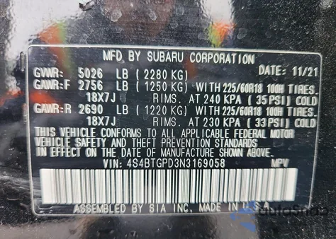 2022 Subaru Outback Touring from USA, damaged, VIN 4S4BTGPD3N3169058